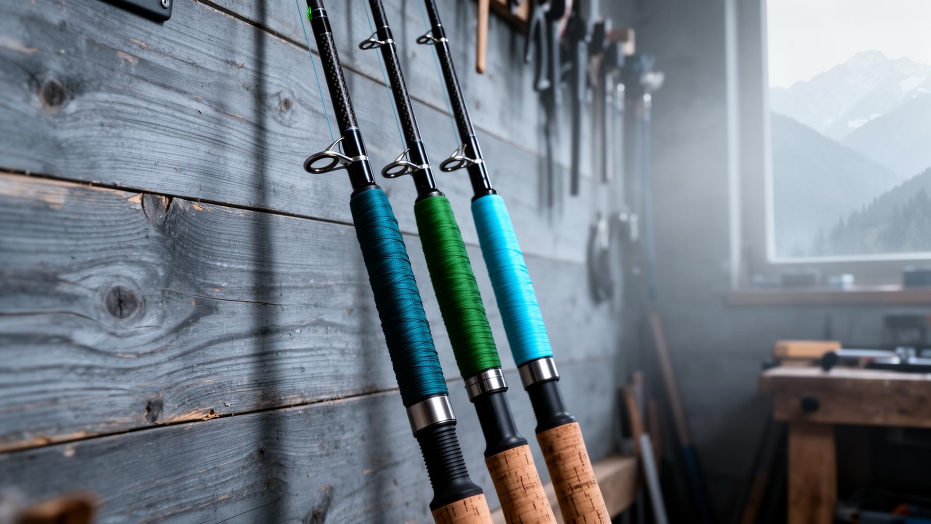 Three custom rods with teal, emerald and cyan thread wraps
